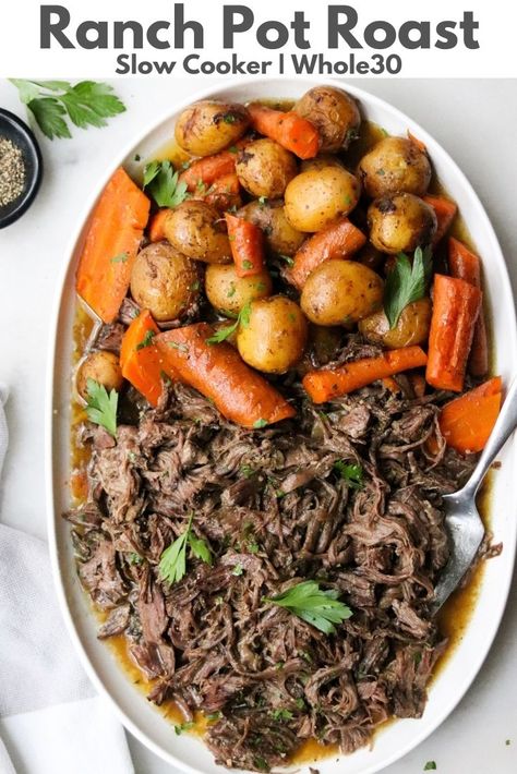 Ultra tender Slow Cooker Ranch Pot Roast with herby, zesty ranch seasoning and lots of vegetables. To make it, simply “dump and start” by putting all the ingredients in the slow cooker and turning it on. Oh, did I mention it’s also Whole30 & Paleo, with an easy Keto adaptation? It's a cozy and comforting dinner made in the crock pot with herby, zesty ranch seasoning and lots of vegetables! #slowcookerrecipes #whole30recipes Ranch Pot Roast, Roast Crock Pot, Crock Pot Roast, Crockpot Pot Roast, Panini Recipes Chicken, Pot Roast Crock Pot Recipes, Classic Pot Roast, Pot Roast Recipe, Ranch Dressing Recipe