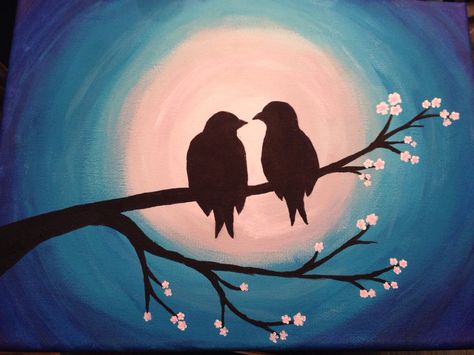 Easy Horizontal Paintings, Love Birds Painting Acrylic, Acrylic Painting Couple, Lovebirds Painting, Love Canvas Painting, Love Birds Painting, Bird Painting Acrylic, Canvas Art Painting Acrylic, Horizontal Painting