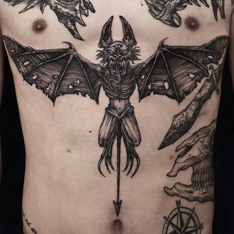 Heedo Lee Linework Tattoo, Torso Tattoos, Planet Tattoos, Sharpie Tattoos, Fire Tattoo, Creepy Tattoos, Gothic Tattoo, Stomach Tattoos, Tattoo Project