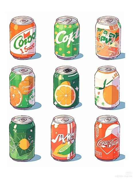 Canned Food Drawing, Can Illustration Soda, Soda Can Reference, Cans Illustrations, Soda Can Illustration, Soda Can Drawing, Beverage Drawing, Soda Drawing, Snacks Illustration