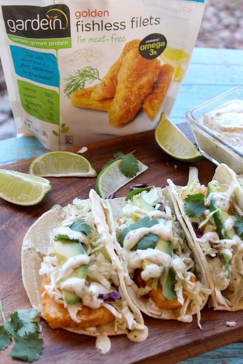 Gardein Recipes, Vegan Fish Tacos, Creamy Avocado Salsa, Avocado Salsa Verde, Salsa Verde Sauce, Tacos With Cabbage Slaw, Verde Sauce, Cilantro Dressing, Vegan Fish