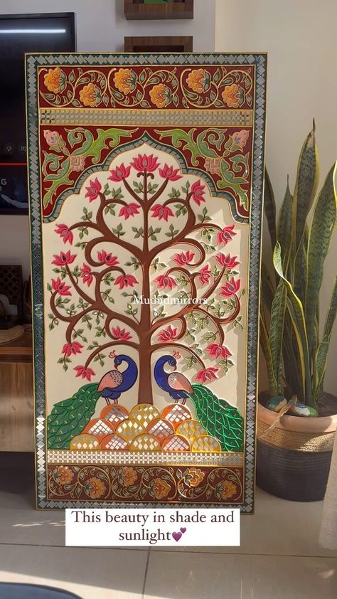 Priyanka Mittal | Revealing our newest creation a grand tree of life. I am in love with the intricate border and its beautiful colors. It is surely an eye… | Instagram Lippan Art Mirror Tree Of Life, Madhubani Lippan Art, Lippan Art With Big Mirror, Wall Frame Painting Ideas, Lippan Art Tree, Big Lippan Art, Peacock Lippan Art, Jharokha Art, Living Room Art Decor Ideas