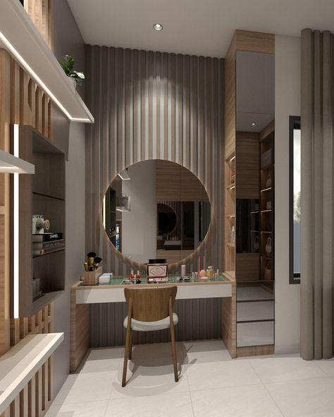 Bedroom Inspirations Nature, Meja Rias Modern, Walkin Wardrobe, Mirror Wall Design, Wall Dressing Table, Dressing Table Ideas, Panels Bedroom, Makeup Tables, Modern Dressing Table