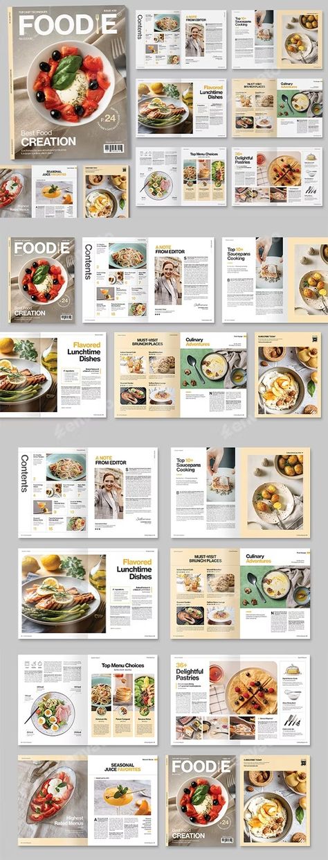 Food & Cooking Magazine Template, Print Templates | GraphicRiver Food Magazine Layout Design, Food Magazine Design, Food Zine, Food Magazine Layout, Newsletter Design Layout, Food Catalog, Cooking Magazine, 잡지 레이아웃, Cookbook Design