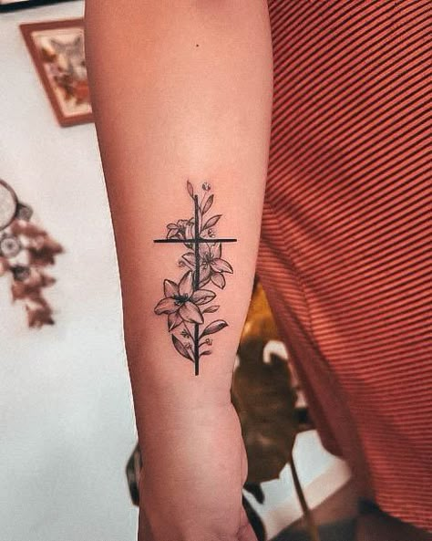 Cross With Palm Leaves Tattoo, Tattoo Ideas Female Cross, Small Cross Tattoos, Scripture Tattoos, Bible Verse Tattoos, Hibiscus Tattoo, Verse Tattoos, Gold Acrylic Nails, Samoan Tattoo