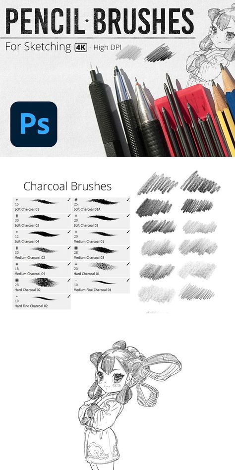 This a collection of more than 50 brushes for Photoshop, for natural sketching and drawing with pencils.

Brushes have been created to simulate the effect of pencils on paper. There are 4 groups of brushes, and they have been created to work with high resolution images and give natural feel. Photoshop Pencil Brush, Adobe Photoshop Brushes, Pencil Brush Csp, Photoshop Brushes Free Download, Adobe Fresco Brushes, Csp Brushes Free, Procreate Pencil Brush, Free Brushes For Photoshop, Adobe Brushes