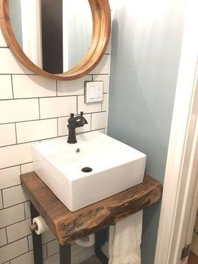 Vanity Base For Vessel Sink - Ideas on Foter Live Edge Vanity, Vessel Sink Ideas, Salon Bathroom, Small Farmhouse Bathroom, Farmhouse Bathroom Sink, Bathroom Redecorating, Industrial Bathroom Vanity, Industrial Style Bathroom, Small Bathroom Sinks