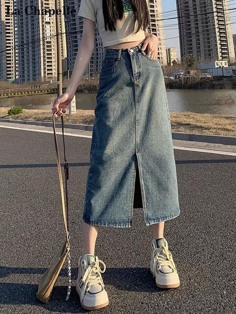 Rok Jeans Wanita Split A-Line Rok Jeans Wanita Highwaist Korean Style Rok midi Import Casual Bodycon Skirt, Medium Length, Denim Skirt, A Line, High Waisted, Skirt, Design