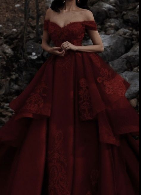 Scarlet Dress Red Gowns, Red Ballroom Dress Ball Gowns, Maroon Dresses Aesthetic, Black Red Dress Gown, Red Dress Yule Ball, Elegant Deep Red Dress, Maroon Princess Dress, Dark Princess Aesthetic Dress, Dark Ballgown Aesthetic