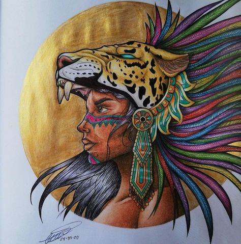 Cartoon Jaguar, Aztec Costume, Mexican Art Painting, Aztec Symbols, Maya Art, Mexican Culture Art, Aztec Culture, Aztec Tattoo, Mayan Art