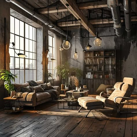 Transform Your Space with Industrial Living Room Design Ideas • 333+ Images • [ArtFacade] Grey And Brown Home Decor, Vintage Industrial Decor Living Room, Industrial Living Room Lighting, Industrial Apartment Design, Dark Industrial Interior, Mill Apartment, Podcast Decor, Industrial Interior Design Living Room, Earthy Industrial