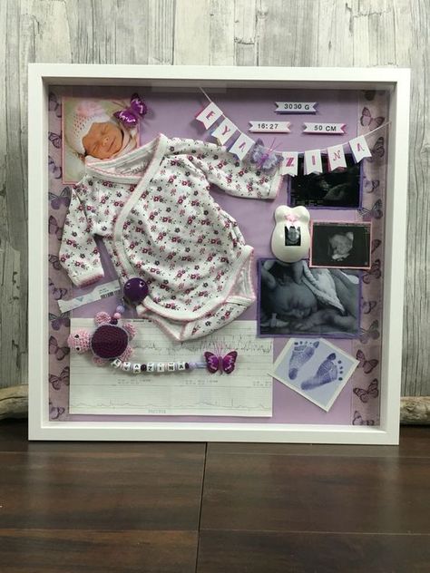 9 Easy Shadow Box Ideas for Baby - DOMESTIC HEIGHTS Newborn Shadow Box, Scrapbook Bebe, Shadow Box Ideas, Baby Shadow Box, Baby Memory Box, Memories Box, Diy Shadow Box, Baby Keepsakes, Baby Frame