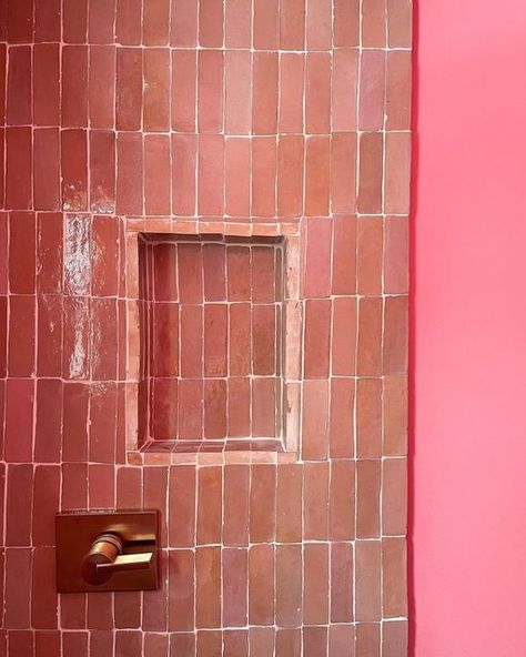 Riad Tile on Instagram: ""On Wednesdays, we wear pink." Proof that lighting and wall color directly affect every installation differently, the pink walls in @danielacaraya's knockout renovation make our Blush 2" x 6" Zellige POP!⁠ ⁠ Repost: @danielacaraya⁠ ⁠ #riadtile #riadtilezellige #zellige #zelligetiles #morocco #pinkbathroom #pinkinteriors #popofcolor #wcw #pinktile⁠ ⁠" Pink Tile Bathrooms, Pink Zellige Tile, Pink Grout, Blush Pink Bedroom Decor, Riad Tile, Pink Bathroom Tiles, Couples Spa, Pink Living Room Decor, Pink Bathroom Decor