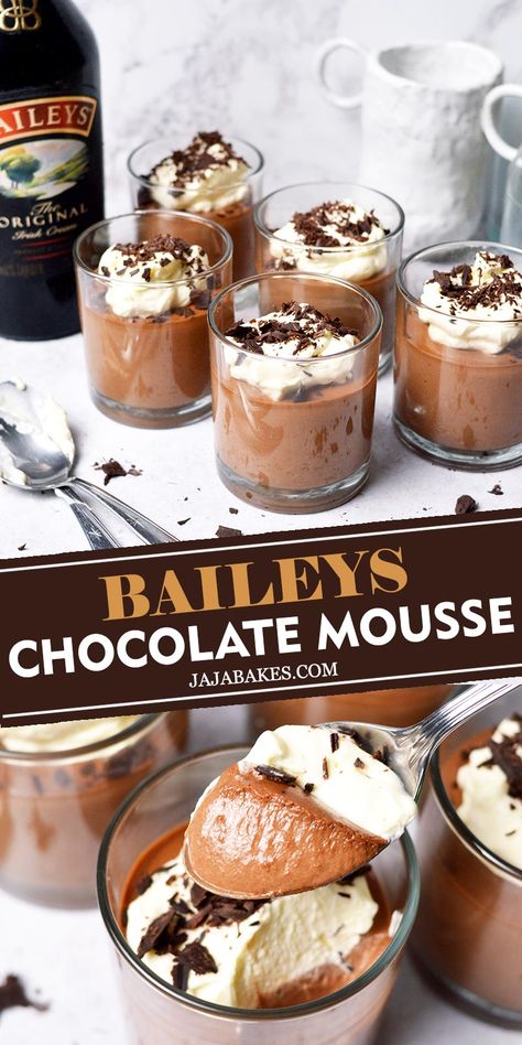 Chocolate Bourbon Mousse, Baileys Chocolate Mousse Recipe, Booze Desserts, Homemade Mousse, Baileys Chocolate Mousse, Baileys Dessert, Mousse Recipes Easy, Desserts Mini, Boozy Treats