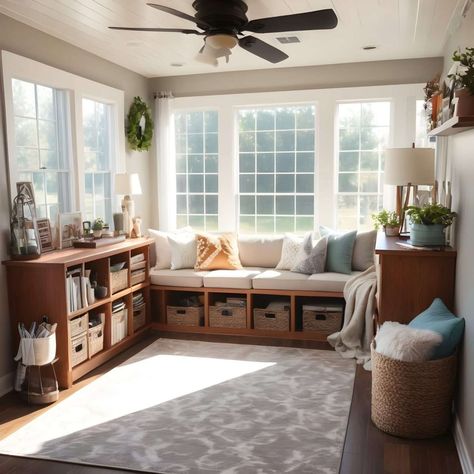 17 Cool Sunroom Ideas to Bring the Outdoors Inside Cabin Sunroom Ideas, Sunroom Sitting Room Ideas, Sunroom Ideas Playroom, Sunroom Bookshelf Ideas, Sunroom Storage, Sunroom Layout Ideas, Sunroom Reading Area, Sunroom Seating Ideas, Sunroom Wall Ideas