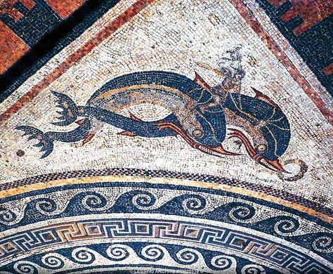 Beautiful dolphin mosaic on the deserted Greek island of Delos. Mosaic Dolphin, Greek Dolphin, Opus Vermiculatum, Delos Greece, Dolphins Mosaic, Sea Murals, Cair Paravel, Greece Architecture, Bathroom Mural