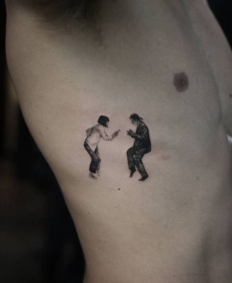 Pulp Fiction dance scene tattoo, 'You Never Can Tell by Chuck Berry'. Pulp Fiction Tattoo, Pulp Fiction Dance, Dancing Tattoo, Dance Tattoo, Scene Tattoo, Movie Tattoo, Single Needle Tattoo, Movie Tattoos, Tattoos For Women Half Sleeve