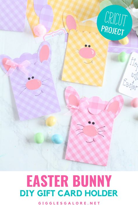 Easy-to-make bunny gift cardholders will make Easter giving a pure delight. Spring smiles will blossom with this fun Cricut project. Easter Gift Card Holders To Make, Bee Fingerprint, Easter Gift Card Holder, Gift Card Holder Diy, Watermelon Crafts, Monster Valentines, Fruit Cup, Easter Bunny Gifts, Bunny Napkins