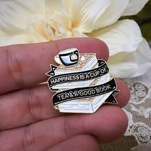 Happiness is a cup of tea and a good book soft enamel pin for image 4 Enamel Pin Collection, Tea And Books, Bag Pins, Book Pins, Book Jewelry, Soft Enamel Pins, A Cup Of Tea, Cool Pins, Button Jewelry