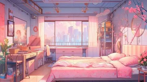 Lofi Aesthetic Wallpaper Horizontal, Pink Room Background, Anime Bedroom Drawing, Lofi Bedroom, Anime Bedroom Background, Bedroom Backgrounds, Cozy Pics, Bedroom Anime, Anime Houses