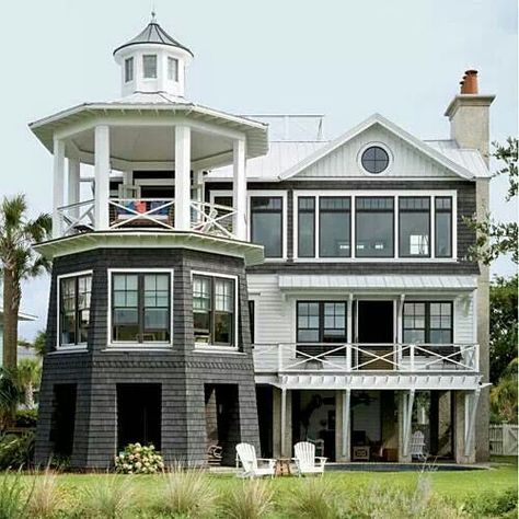 Sullivan's Island, SC Lighthouse converted to home Terrace Shade, Lighthouse Home, Replacement Canopy, Dream Beach Houses, Coastal Living Rooms, Retractable Awning, Beach House Interior, Beach House Design, Beach Cottage Style