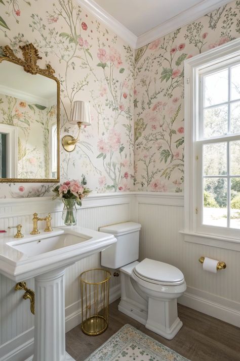 Add a touch of charm to your bathroom with beautiful floral wallpaper in soft pastels. Perfect for a cozy and inviting look! #FloralWallpaper #BathroomDecor Butterfly Wallpaper Bathroom, Half Bath With Wallpaper, Bathroom Wallpaper Inspiration, Adu Bathroom, Wallpaper Powder Room, Small Bathroom Wallpaper, Beadboard Bathroom, Bathroom Wallpaper Ideas, Wainscoting Bathroom