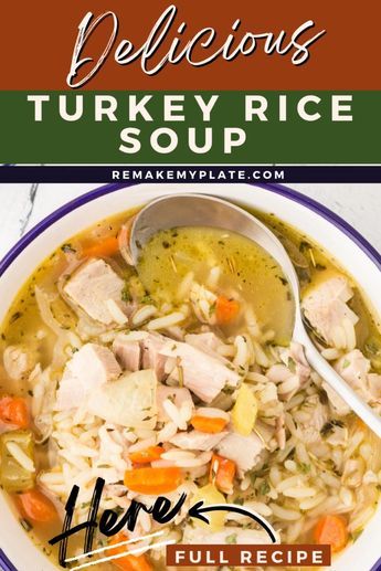 Warm up this season with a comforting bowl of Homemade Turkey Rice Soup! 🦃 Packed with tender turkey, hearty veggies, and savory herbs, this recipe is perfect for cozy nights or using up holiday leftovers. 🍲 Easy, delicious, and ready to save your weeknight dinners! Click for the full recipe! Leftover Turkey And Rice Soup, Turkey Rice Soup Instant Pot, Soup Recipes With Turkey, Turkey Broth Recipes Dinners, Leftover Rice Soup, Leftover Turkey Recipes Easy Soup Crockpot, Turkey Leftover Recipes Soup, Creamy Turkey Soup Crockpot, How To Make Turkey Soup