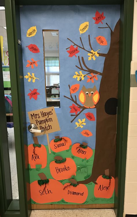 Leaf Classroom Door Ideas, Fall Decorated Classroom Doors, Fall Classroom Door Ideas Kindergarten, Fall Themed School Doors, Fall Classroom Door Ideas September, Harvest Classroom Door, Fall Classroom Window Ideas, Pumpkin Classroom Door Ideas, Fall Themed Doors For School