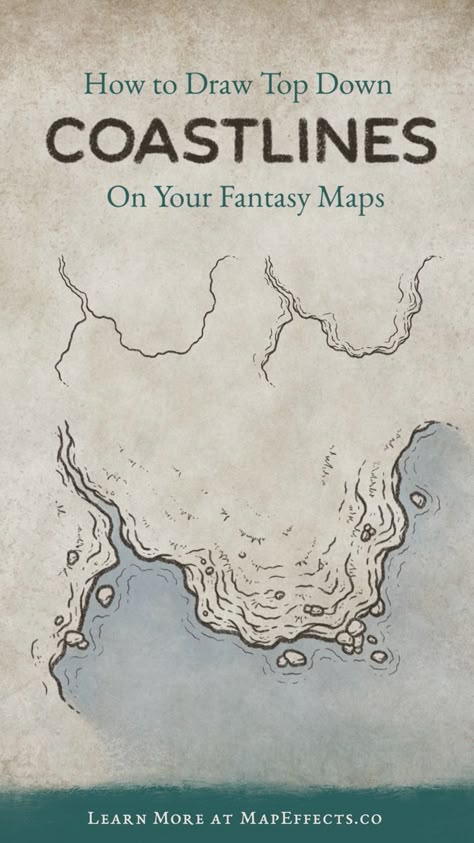 One of the biggest challenges with fantasy maps in a top down perspective is they tend to look a bit flat. Fortunately, there are some simple tricks you can use to build up the layers of the landscape to give a sense of depth. In this Map Tip we’ll be looking at how to draw cliffs on a coastline in this perspective and make them really stand out in your map. #mapeffects #fantasy #rpg #drawing #maps How To Draw Forests On A Map, Fantasy Map Coastline, Top Down Fantasy Map, How To Draw Cities On Fantasy Maps, Top Down Map Drawing, Homemade Fantasy Map, Castle Map Drawing, Fantasy Maps Drawing Ideas, Fantasy Map Outline