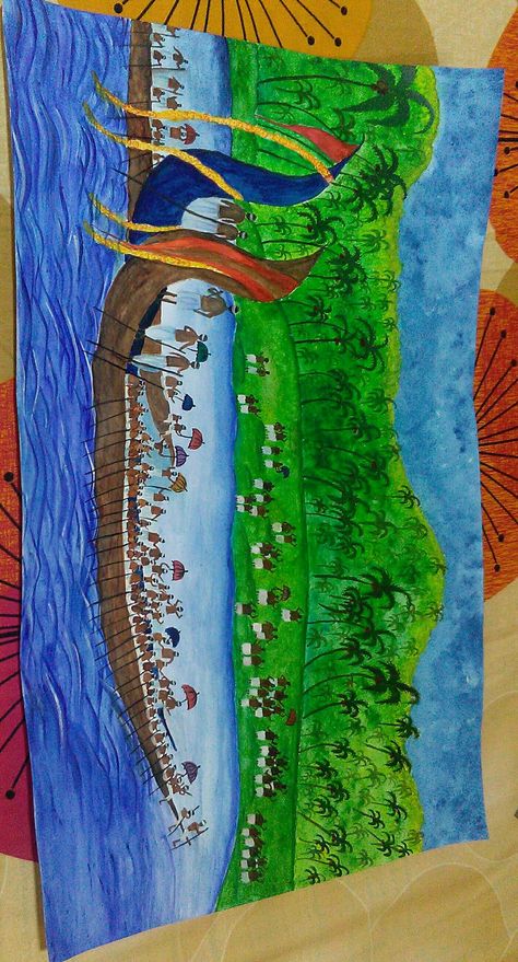 Kerala boat race by me...Water colours Onam Boat Race Drawing, Kerala Piravi Drawings, Indian Festival Drawing, Festival Drawing Ideas, Onam Drawing, Kerala Drawing, Kerala Boat, Onam Pookalam Design, Kerala Art