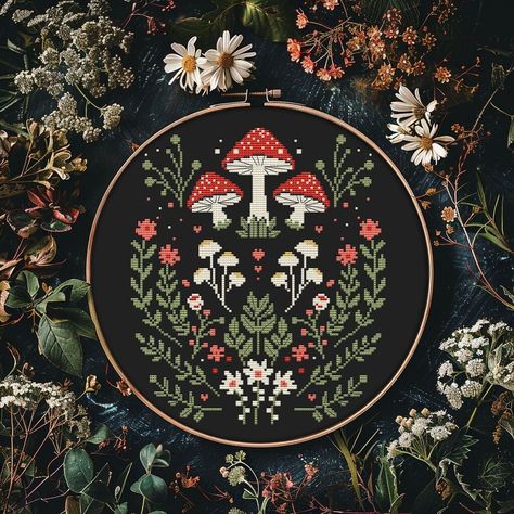 Mushroom sampler cross stitch pattern PDF - floral witchy simple modern dark cottagecore fall forest easy gothic - digital download CS20 Witchy Cross Stitch Patterns Free, Cross Stitch Cottagecore, Pagan Cross Stitch Patterns Free, Witchy Embroidery Patterns, Witchy Pixel Art, Witchy Cross Stitch Patterns, Cottagecore Cross Stitch, Hand Embroidery Patterns Free Printable, Beading Patterns Free Tutorials