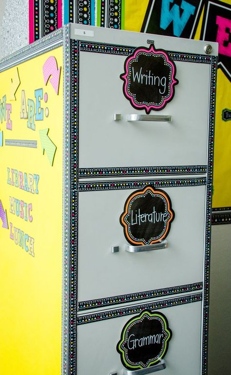 Neon Classroom, Burlap Classroom, Beautiful Classroom, Bright Classroom, Magnet Activities, Chalkboard Classroom, File Cabinet Makeover, Chalkboard Theme, Colorful Classroom