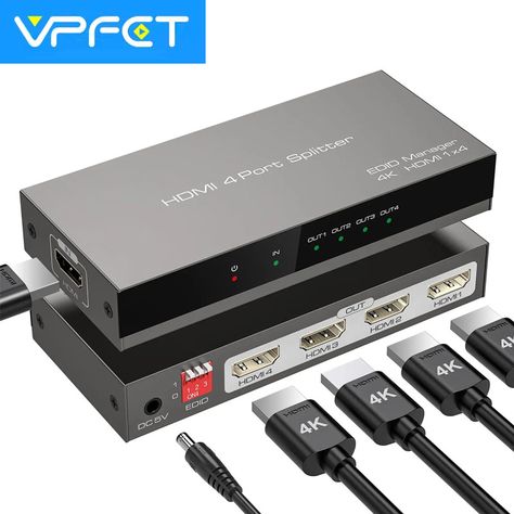 4K hdmi Splitter 1 in 4 Out with EDID Management for Exhibition Classroom Presentation Gaming 4 Way Classroom Presentation, Hdmi Splitter, Computer Cables, Computer Peripherals, Presentation, Gaming