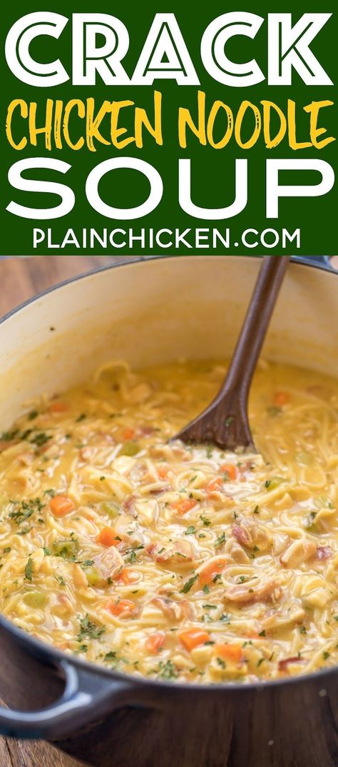 Crack Chicken Noodle Soup - this soup should come with a warning label! SO GOOD!!! Ready in 30 minutes! Chicken, cheese soup, milk, chicken broth, celery, carrots, ranch mix, bacon, cheddar cheese and egg noodles. Everyone went back for seconds - even our super picky eaters! A great kid-friendly dinner!! We love this soup! #soup #bacon #chickennoodlesoup #crackchicken Chicken Cheese Soup, Soup Bacon, Milk Chicken, Chicken Noodle Soup Crock Pot, Ranch Mix, Soup Crocks, Soup And Stew, Noodle Soup Recipes, Kid Friendly Dinner