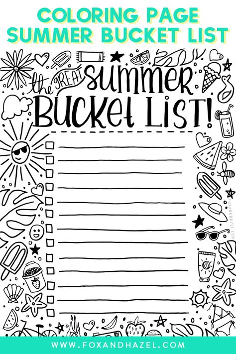 Write down all your summer bucket list ideas with this free printable #foxandhazel #summerbucketlist #bucketlist #summerlist #summerplans #coloringpage #freecoloringpage #freeprintable #kidssummer #diysummer #summerforkids #kidscoloring Printable Bucket List, Coloring Pages Ideas, Pages Ideas, Summer Worksheets, Summer Journal, Paper Play, Summer Printables, End Of Year Activities, Summer Coloring Pages