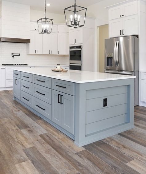 White Cabinets Light Blue Island, Dusty Blue Island, White Kitchen With Light Blue Island, Blue Grey White Kitchen, Blue Island With White Cabinets, Light Blue Gray Kitchen Cabinets, White Cabinets Blue Island, Light Blue Kitchen Island, Light Blue Kitchen Cabinets