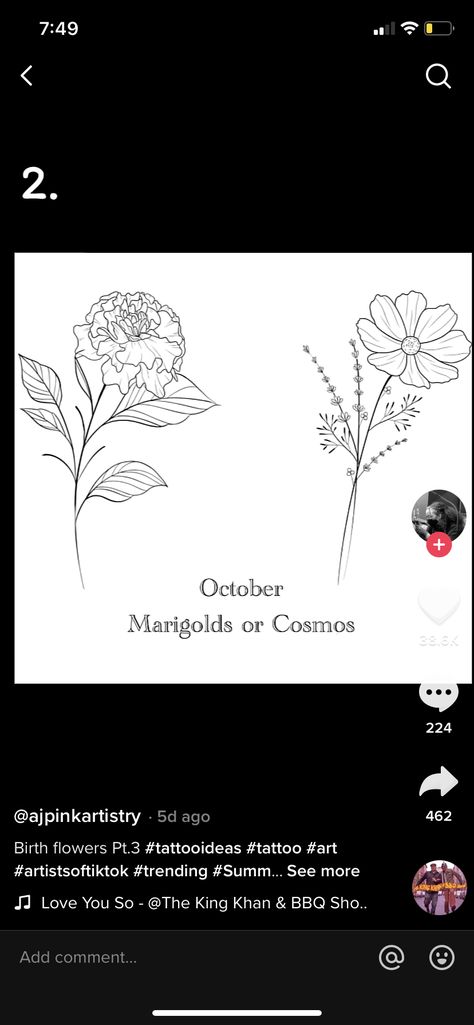 Marigold Tattoo, Cosmos Tattoo, Shoulder Cap Tattoo, Tiny Flower Tattoos, Tattoo For Baby Girl, October Birth Flowers, October Flowers, Flower Wrist Tattoos, Small Pretty Tattoos