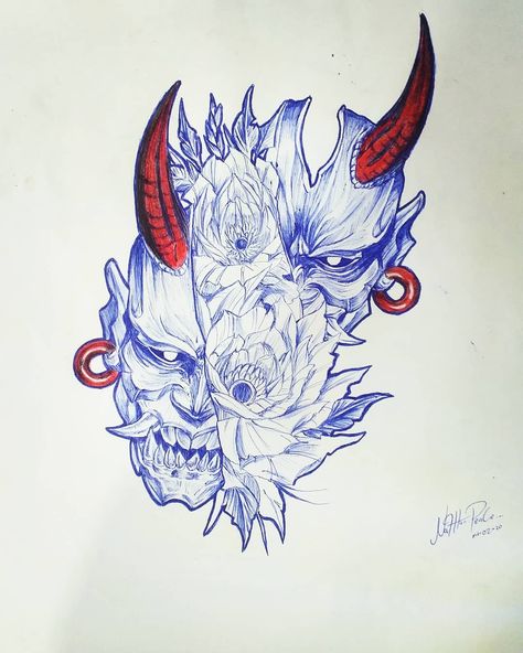 Máscara de demonio china. Divider, Humanoid Sketch, China, Tattoos, Blue, White