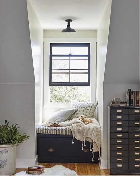 Narrow Window Seat, Small Window Seat Ideas, Dormer Nook, Small Window Seat, Upstairs Decor, Dormer Bedroom, Dormer Ideas, Alcove Ideas, Dormer Window