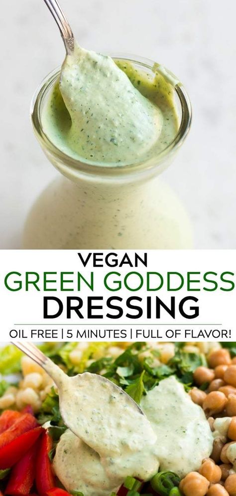 Vegan Green Goddess Dressing recipe, full of flavor and healthy! Oil Free. #vegan #plantbased Vegan Green Goddess Dressing, Green Goddess Dressing Recipe, Buttermilk Baking, Vegan Green Goddess, Vegan Salad Dressing Recipes, Oil Free Salad Dressing, Goddess Dressing Recipe, Healthy Oil, Vegan Salad Dressing