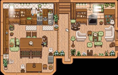 Stardew Valley Second House Upgrade, Stardew Valley Interior Design Living Room, Cute Stardew Valley House, Stardew Valley House Interior Living Room, Stardew Valley Pink House, Stardew Valley Kitchen Ideas, Stardew Valley House Interior Vanilla, Stardew Dining Room, Kitchen Stardew Valley