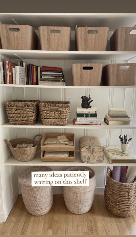 Baskets Under Shelves, Basket Shelf Storage, Hide Clutter On Shelves, Storage Baskets On Shelves, Closet Shelf Decor, Room Cubby Ideas, Basement Rental, Bedroom Shelving, Cubby Ideas