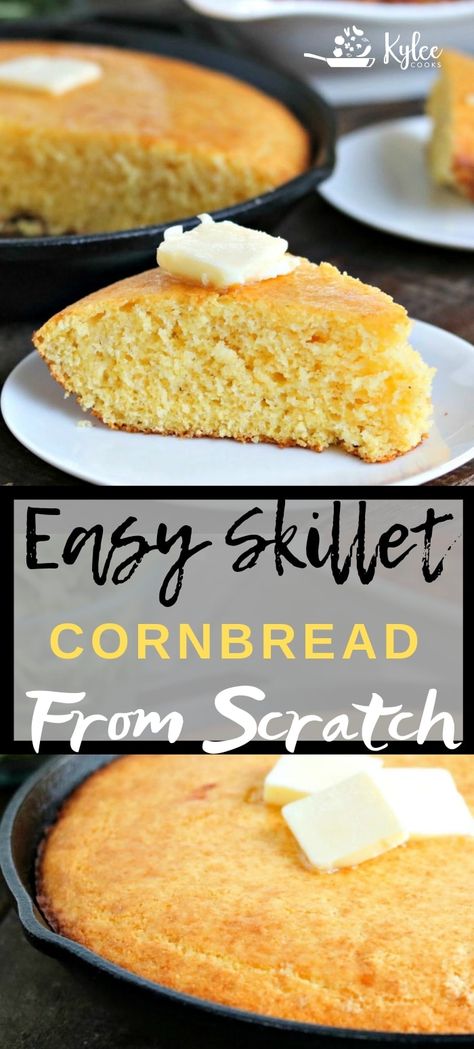 Fluffy and Golden, this Skillet Cornbread is a cinch to make, and is a fantastic side for any meal! #skillet #cornbread #homemade #recipe #kyleecooks Easy Moist Cornbread Recipe, Cornbread Recipe From Scratch, Easy Skillet Cornbread, Cast Iron Skillet Cornbread, Iron Skillet Cornbread, Skillet Corn, Delicious Cornbread, Moist Cornbread, Buttermilk Cornbread