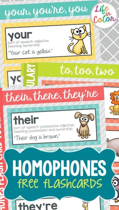 Free Printable Homophone Flashcards And Word Wall Words Your And You're Grammar, Homophone Flashcards, Vocabulary Wall, Homophones Worksheets, Spelling Ideas, Adjective Meaning, Free Flashcards, Phonics Blends, Multiple Meaning Words