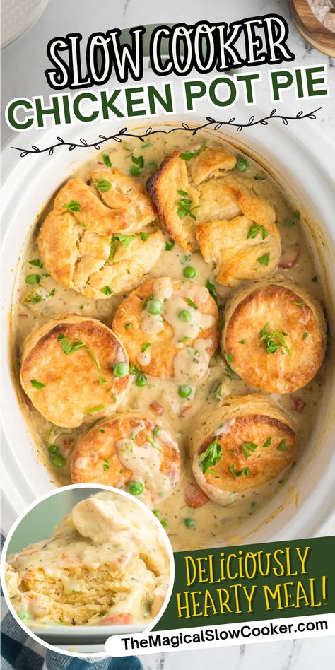 Slow Cooker Chicken Pot Pie is filled with veggies and topped with freshly baked biscuits. - The Magical Slow Cooker Slow Cooker Pot Pie, Chicken And Biscuits Crockpot, Low Calorie Slow Cooker Recipes, Chicken Pot Pie Recipe Crockpot, Chicken Pot Pie Dinner, Slow Cooker Chicken Pot Pie, Baked Biscuits, Chicken And Leek Pie, Crockpot Chicken Pot Pie