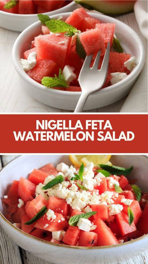 Nigella Feta Watermelon Salad is made of cubed watermelon, crumbled feta cheese, thinly sliced red onion, fresh mint, olive oil, and balsamic vinegar or lemon juice. It serves 6 and takes about 10 minutes to prepare enjoy it cold for freshness. Melon Feta Salad, Feta Watermelon Salad, Greek Watermelon Feta Salad, Feta Watermelon, Watermelon Salad With Feta Cheese, Cubed Watermelon, Watermelon Feta Salad Recipes, Cucumber Mint Feta Salad, Baked Egg Custard