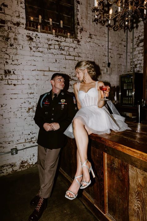 Wedding Redo Photos, Moody Bridal Photography, Wedding Rehearsal Photography, Military Wedding Photos, Speakeasy Elopement, Untraditional Wedding Photos, Wedding Photos Alternative, Non Traditional Wedding Photos, Bar Wedding Photos