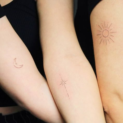 Boho Sun Moon Star Tattoo, Sun Star And Moon Tattoo Matching, Moon And Stars Friendship Tattoo, Sun Moon Star Sister Tattoos, Sun Moon Stars Friendship Tattoo, Sibling Tattoos For 3 Sun Moon Star, Small Tattoos Sun Moon Stars, Moon And Star Best Friend Tattoo, The Sun The Moon The Stars Tattoo