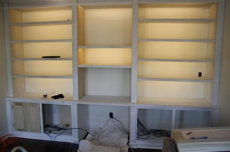 LED Ribbon lighting - easy to install, energy efficient and cost efficient! Under Shelf Lighting, Bookshelf Lighting, Bookcase Lighting, Shelf Lighting, Led Diy, Bookshelves Diy, Built In Bookcase, Diy Cabinets, Under Cabinet Lighting