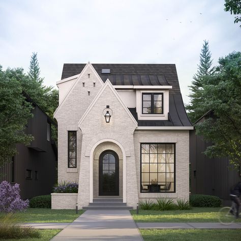 A modernized, and updated take on a tudor style home. A slurry finish is washed over the brick facade, allowing the black doors, windows and roof to provide contrast and drama. The floor plan inside borrows heavily from tradition, but presents a layout that is perfect for a modern family. Rooms are defined and separated but still flow easily from one to the next. Tudor Dormer, Tudor Style Homes, Brick Facade, Tudor Style, House Exteriors, White Brick, Design Exterior, Sims House, Dream House Exterior